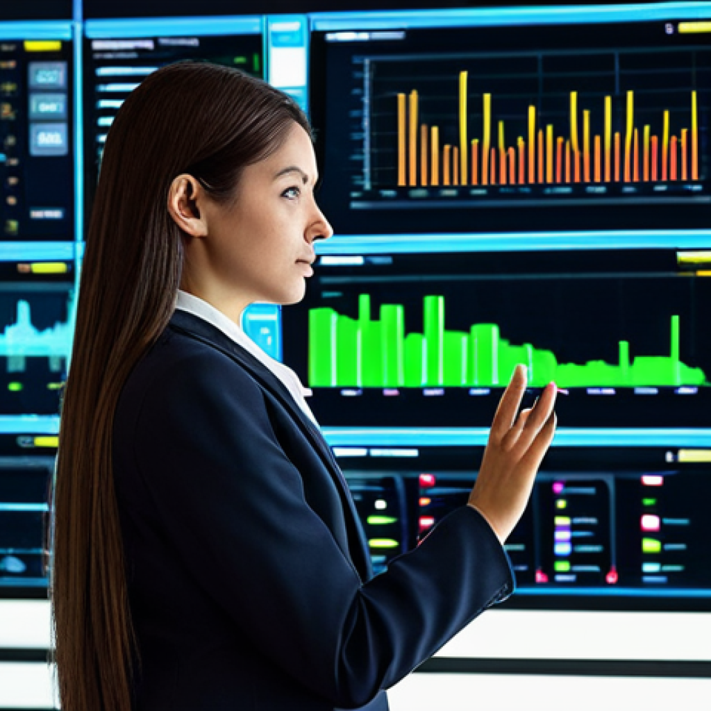 A focused female professional in a modest business suit, fully clothed, appropriate attire, professional dress, standing in a sleek, modern data center control room. Large, illuminated screens in the background display complex, colorful data visualizations, charts, and networks, representing Big Data analytics. Her hands are gently resting on a transparent touchscreen interface, showing insightful analytics dashboards. Perfect anatomy, correct proportions, natural pose, well-formed hands, proper finger count, natural body proportions. Professional photography, high-resolution, sharp focus, clean composition, bright ambient lighting. Safe for work, appropriate content, family-friendly.