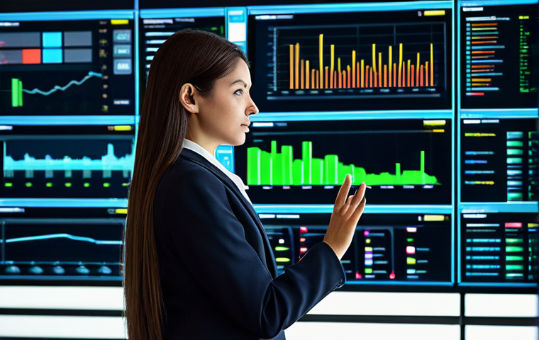 A focused female professional in a modest business suit, fully clothed, appropriate attire, professional dress, standing in a sleek, modern data center control room. Large, illuminated screens in the background display complex, colorful data visualizations, charts, and networks, representing Big Data analytics. Her hands are gently resting on a transparent touchscreen interface, showing insightful analytics dashboards. Perfect anatomy, correct proportions, natural pose, well-formed hands, proper finger count, natural body proportions. Professional photography, high-resolution, sharp focus, clean composition, bright ambient lighting. Safe for work, appropriate content, family-friendly.